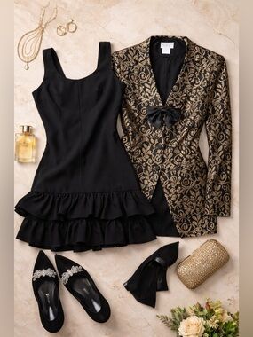 Vintage Riccardo Barone Gold Black Brocade Blazer Size 14 + Black Ruffle Mini